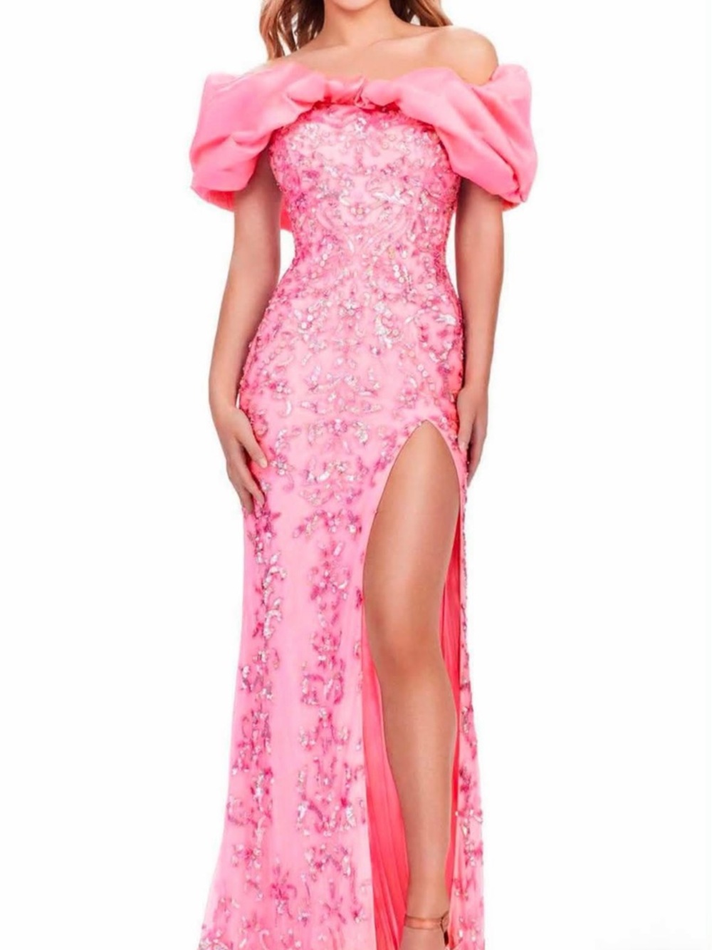 Off-Shoulder Embellished Pink Prom Gown with Side Slit